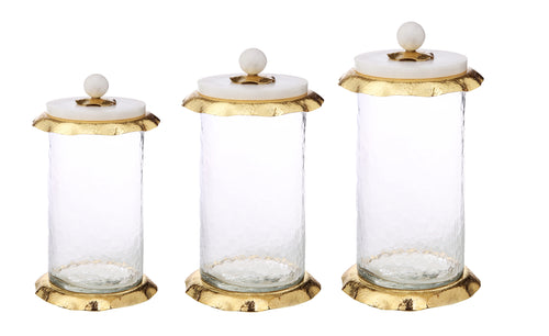Set of 3 Glass Canisters with Marble and Gold Lid