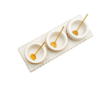 Load image into Gallery viewer, White 3 Bowl Relish Dish on Tray With Gold Design and Spoons