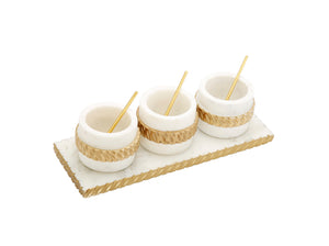 White 3 Bowl Relish Dish on Tray With Gold Design and Spoons