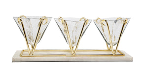 3 Sectional Glass Relish Dish on Marble Base with Gold Brass