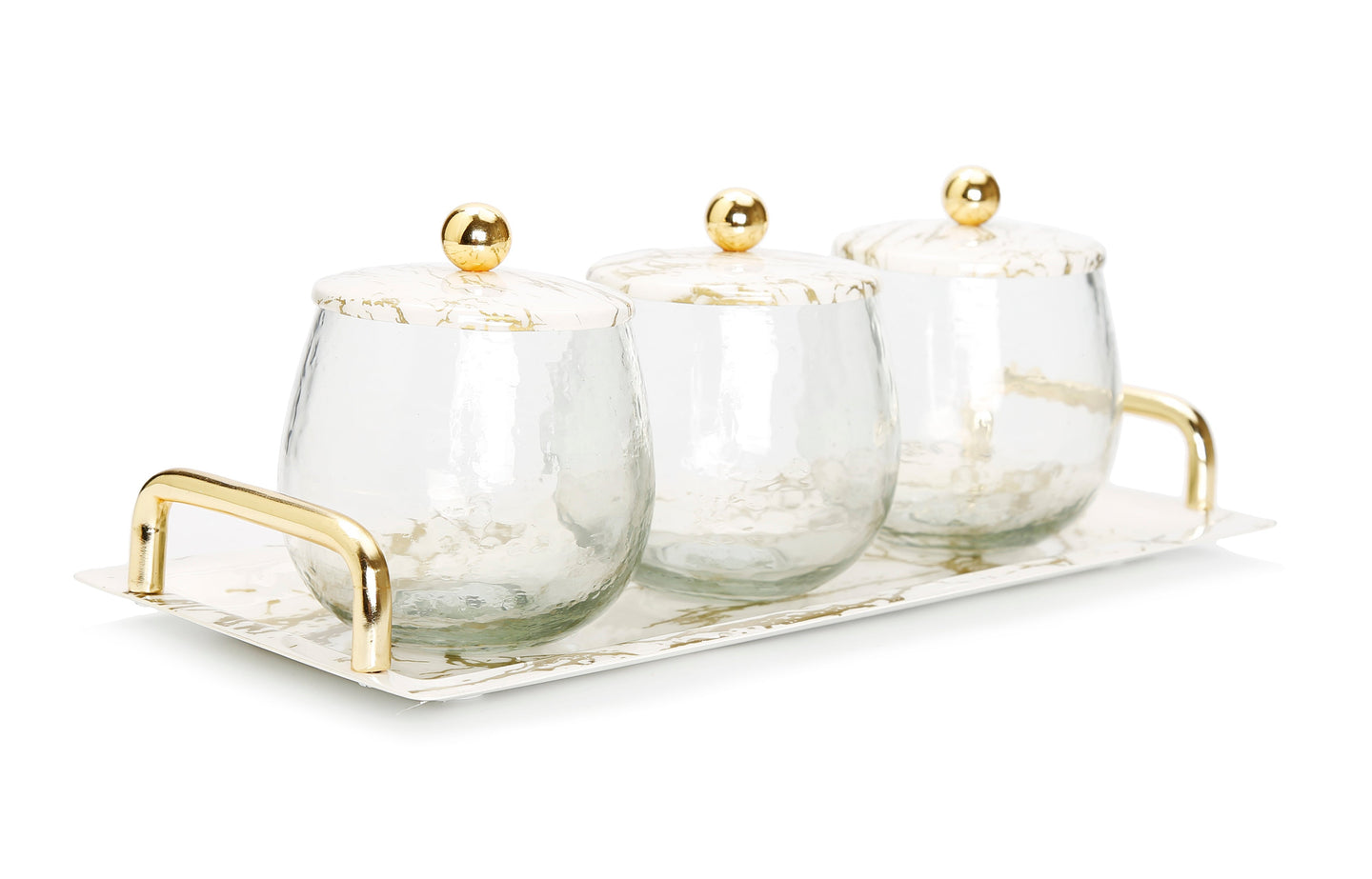 Gold Marble 3 Bowl Serving Dish with Gold Ball Design