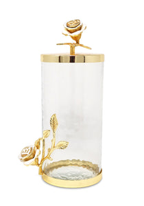 Hammered Glass Canister with Rose Design, Stainless Lid