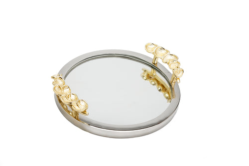Mirror Tray Silver Border Gold Leaf Design on Handle 12
