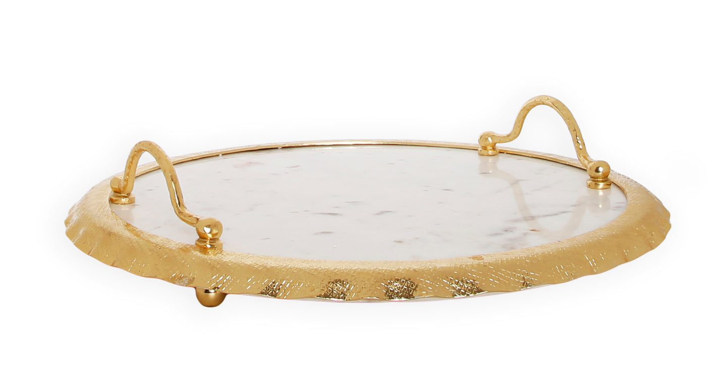 Round Marble Tray with Gold Edge and Handles
