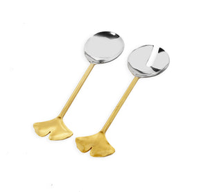 Set of 2 Salad Servers with Gold Handle and Flower Tip