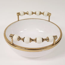 Load image into Gallery viewer, White Round Bowl with Two Gold and White Beaded Design Handles 10&quot;D