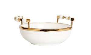 White Round Bowl with Two Gold and White Beaded Design Handles 10"D