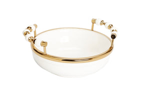 White Round Bowl with Two Gold and White Beaded Design Handles 10"D