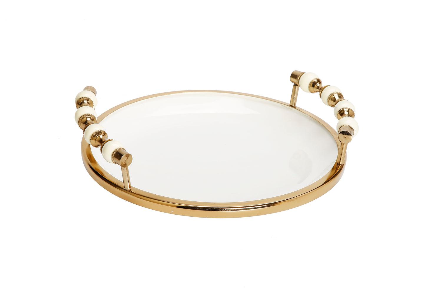 White Flat Round Plate with Gold and White Beaded Design