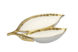 White Porcelain Leaf Relish Dish with Gold Rim