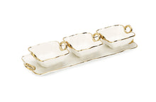 Load image into Gallery viewer, White Porcelain Relish Dish with 3 Bowls Gold Trim and Handles