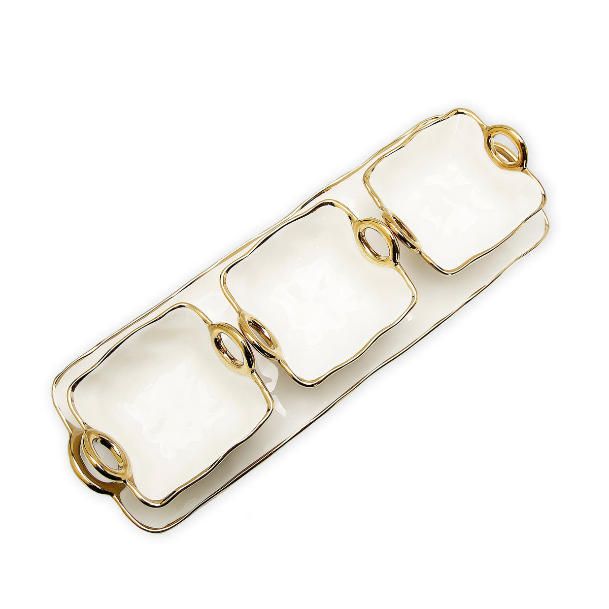 White Porcelain Relish Dish with 3 Bowls Gold Trim and Handles