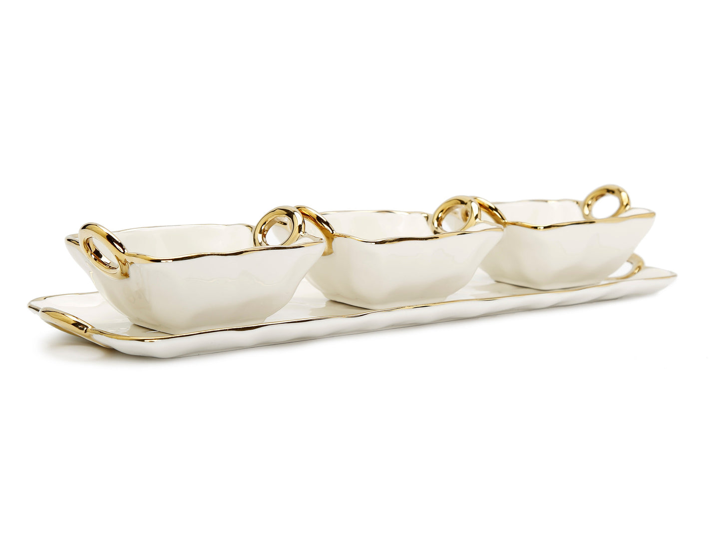White Porcelain Relish Dish with 3 Bowls Gold Trim and Handles