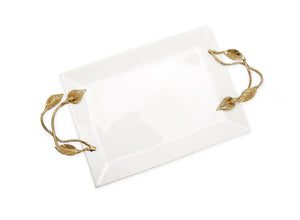 White Rectangular Tray with Gold Leaf Design Handles