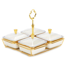 Load image into Gallery viewer, White Porcelain 4 Bowl Relish Dish on Gold Base - 8&quot;