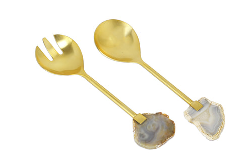 S/2 Gold Salad Servers with Agate Stone
