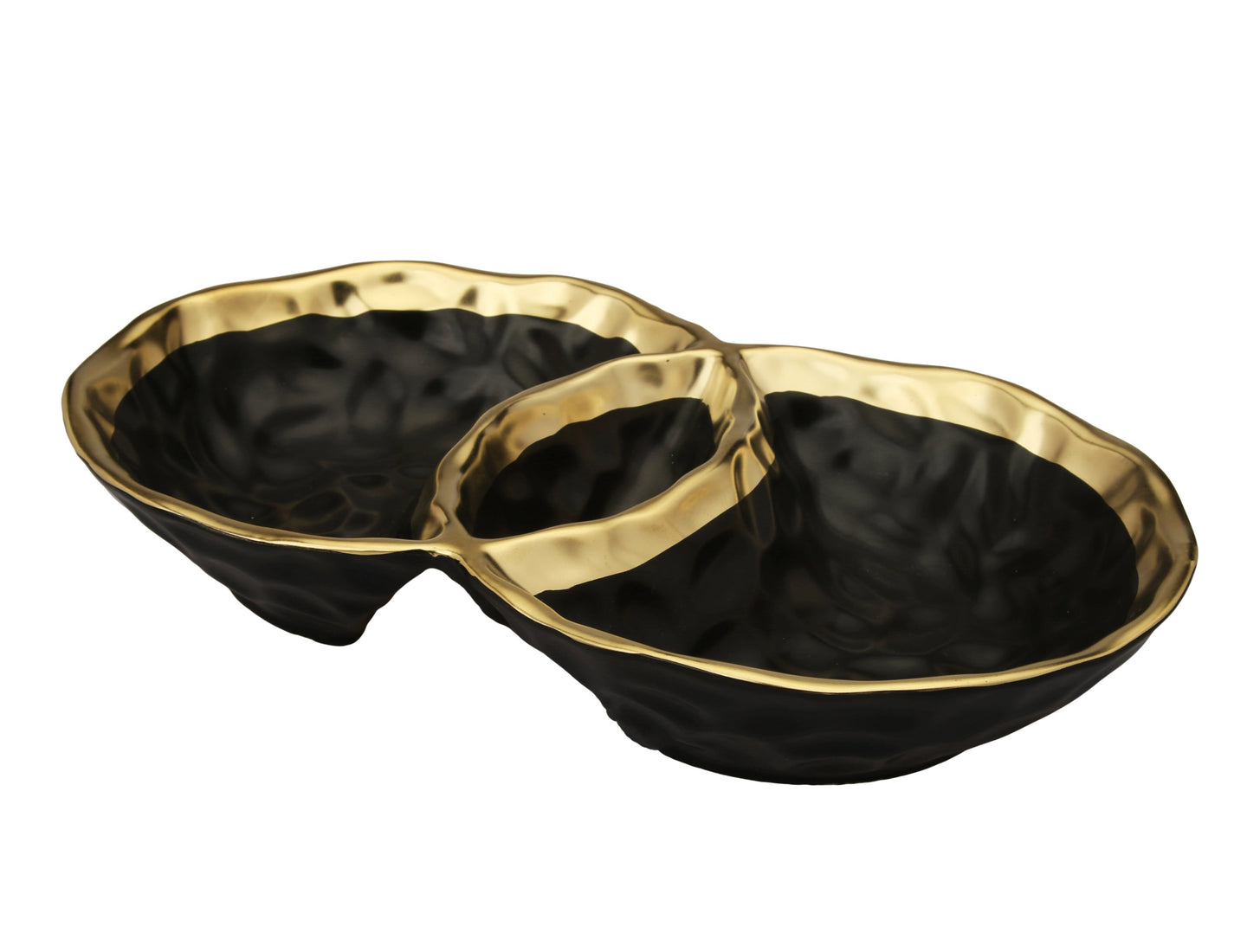 Black Porcelain Round Double Bowl with Gold Rim