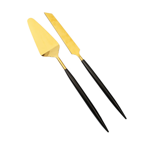 Set of 2 Shiny Gold Cake-Servers with Neat Black Handles