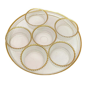 Glass Seder Tray with Gold Beaded Trim - with 6 Bowls