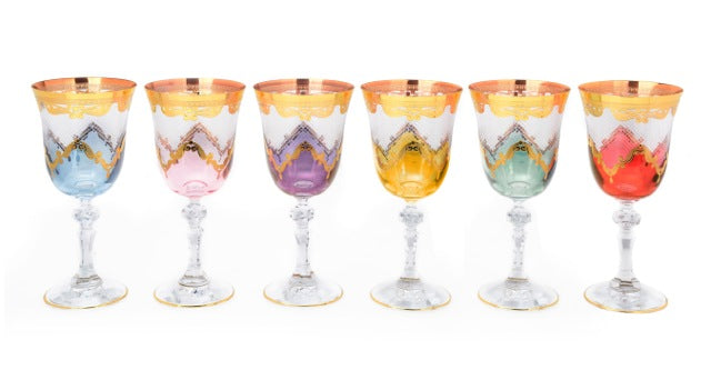 Set 6 Water Glasses, Assorted Colors with Diamond Cuts