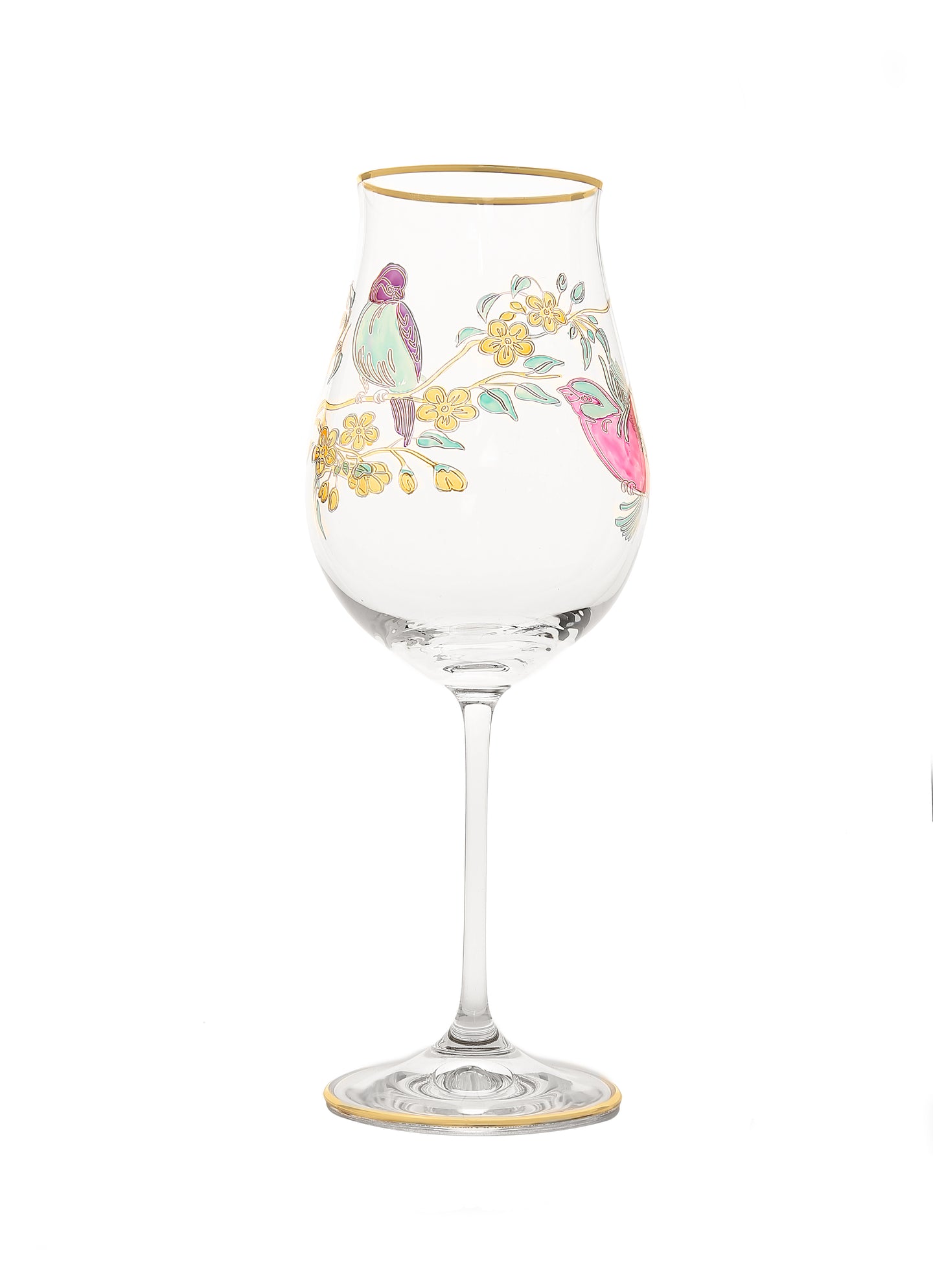 Set of 6 Wine Glasses with Painted Bird