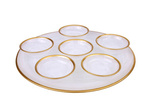 Alabaster White Seder Plate With Gold Rim - 12.75"D X 4.25"H