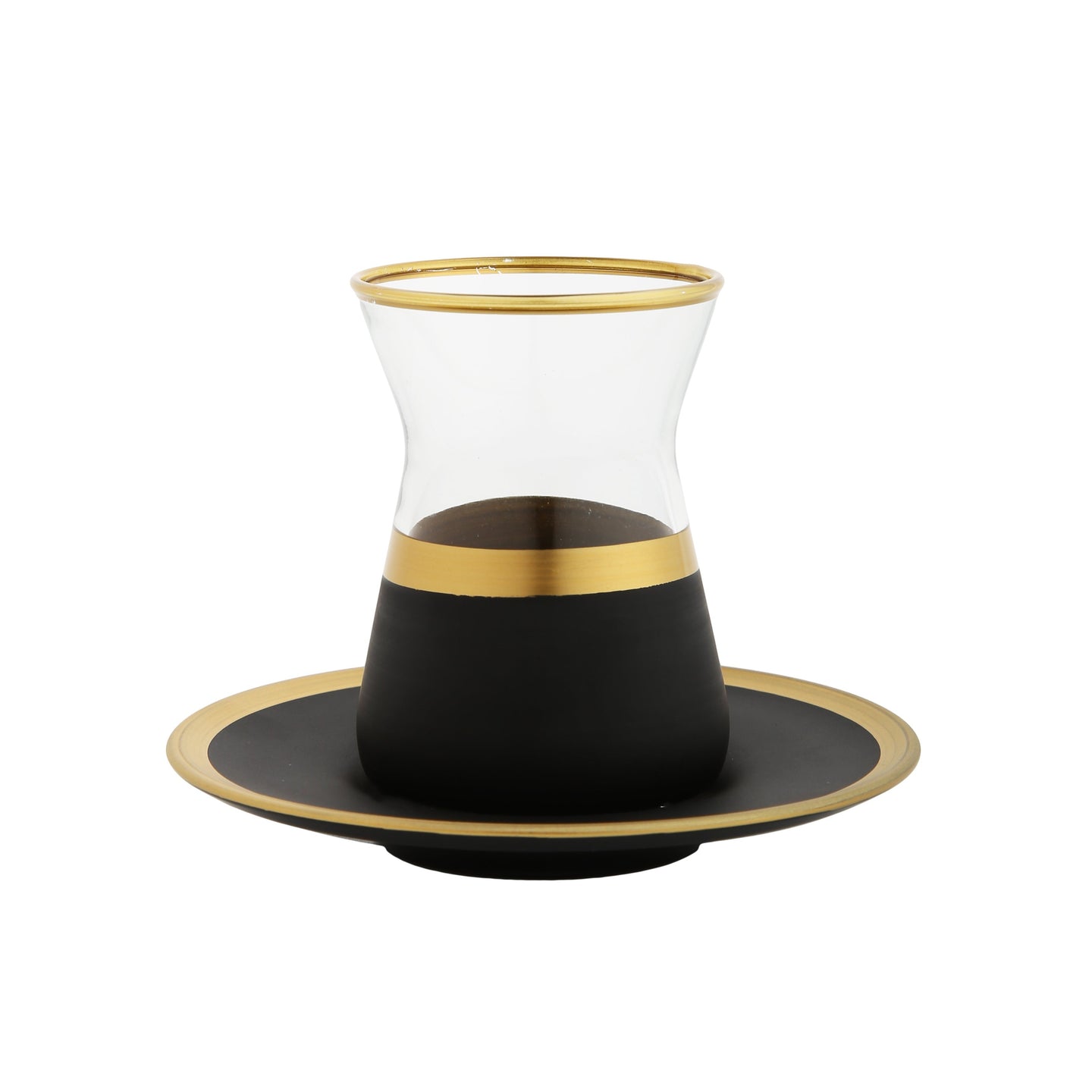 Set of 6 Tea Cups and Saucers with Black and Gold Design