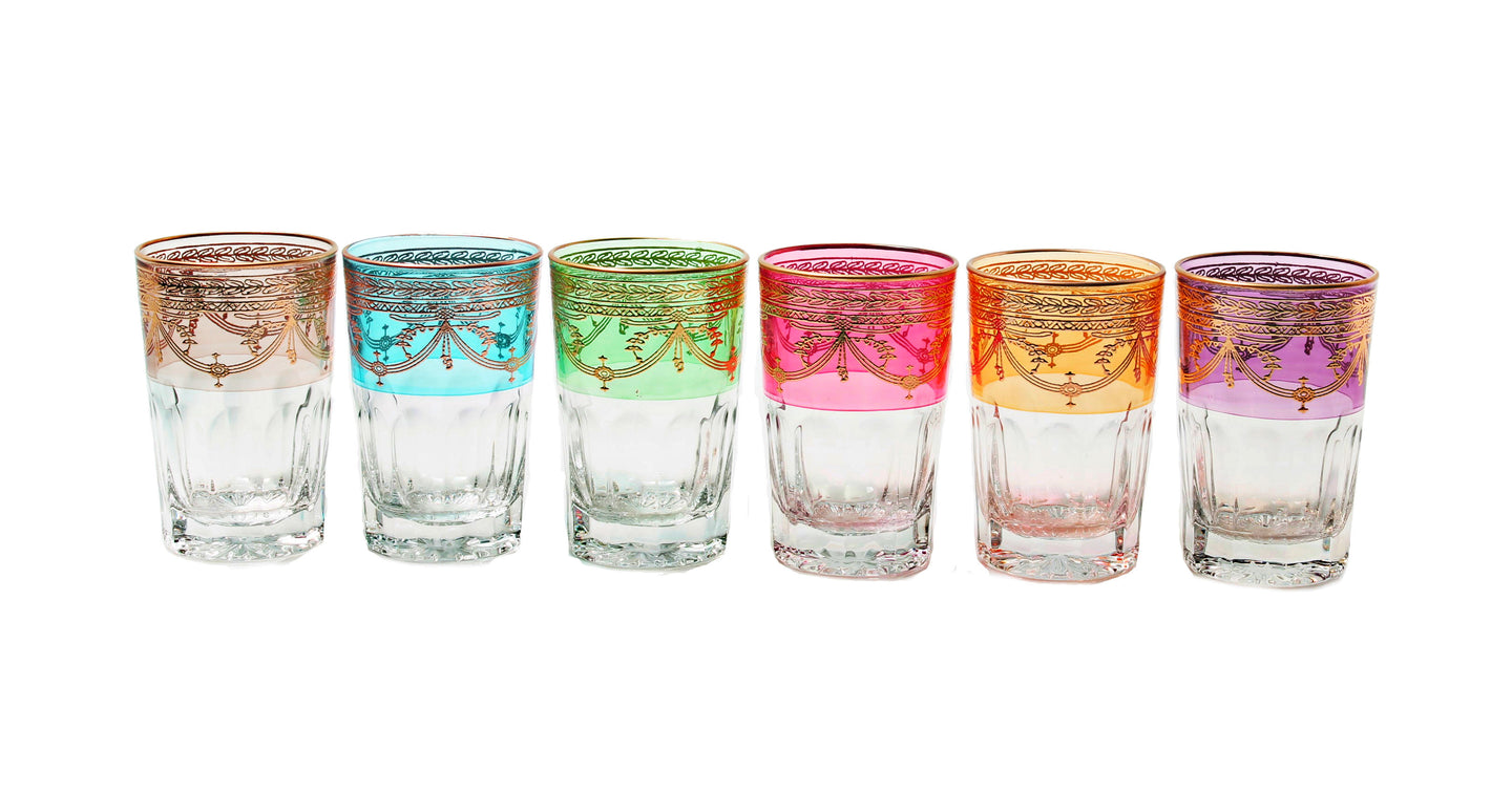 Set of 6 Short Colored Tumblers With Rich Gold Design