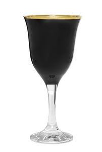 Set of 6 Water Glasses Black with Clear Stem and Gold Rim