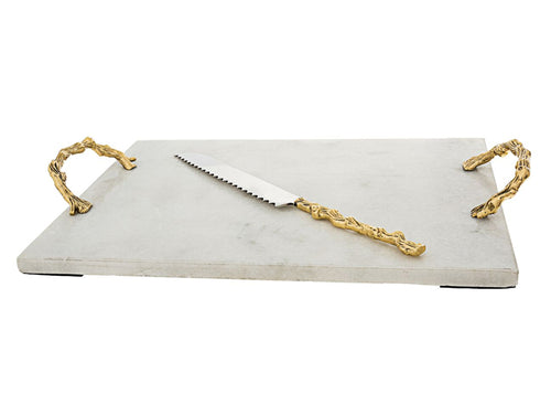 White Marble Challah Tray with Wooden Design Handles