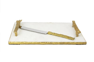 White Marble Challah Tray with Gold Crumbled Handles and Knife