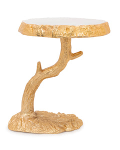 White Marble Gold Edged Cake Stand with Branch Base -12.25"H