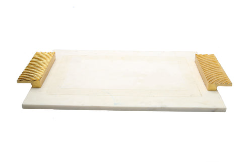 White Marble Challah Tray with Embossed Gold Handles