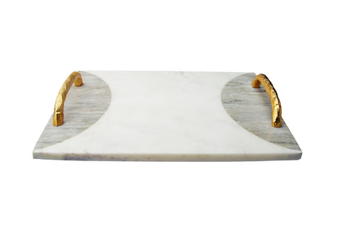 Two Tone Marble Challah Tray with Gold  Handles and Knife