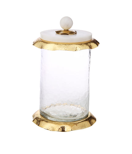 Large Glass Canister With Marble And Gold Lid - 5”D