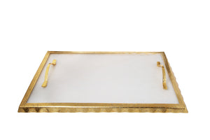 White Marble Challah Tray With Gold Rim And Handles - 17 .25"L X 10.25"W X 1.5"H