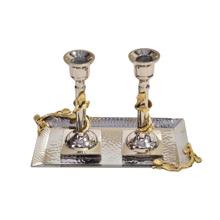 2 Silver Candlesticks with Gold Leaf Design on Tray