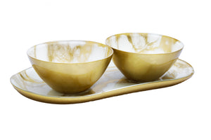 White and Gold Marbleized 2 Bowl Relish Dish