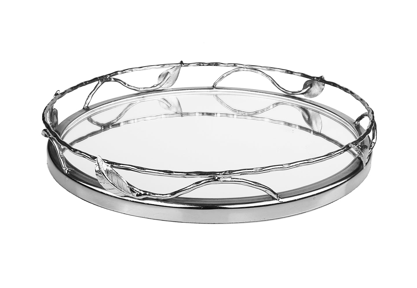 Round Mirror Tray With Nickel Leaf Design - 11.25