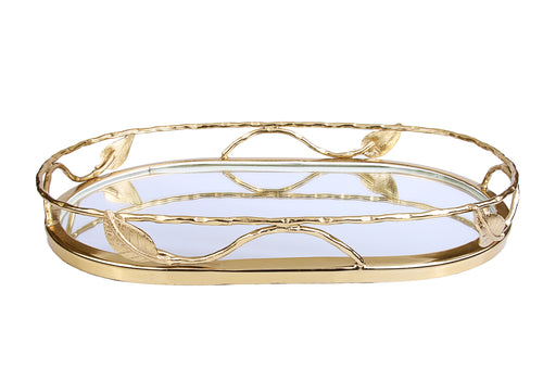 Oval Shaped Mirror Tray With Gold Leaf Design - 16