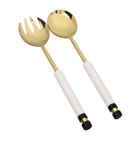 Set of 2 Gold Salad Servers with White Stone Handle Insert