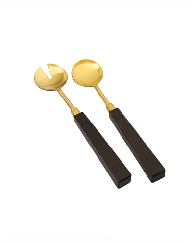 Set of 2 Gold Salad Servers with Black Stone Handles