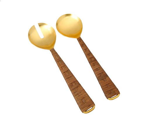 Set of 2 Gold Salad Servers with Rattan Wrapped Handles