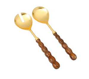 Set of 2 Gold Salad Servers with Wood and Acrylic Button Handles