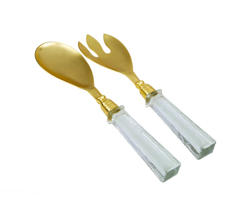 Set of Two Stainless Salad Servers With Square Glass Handle