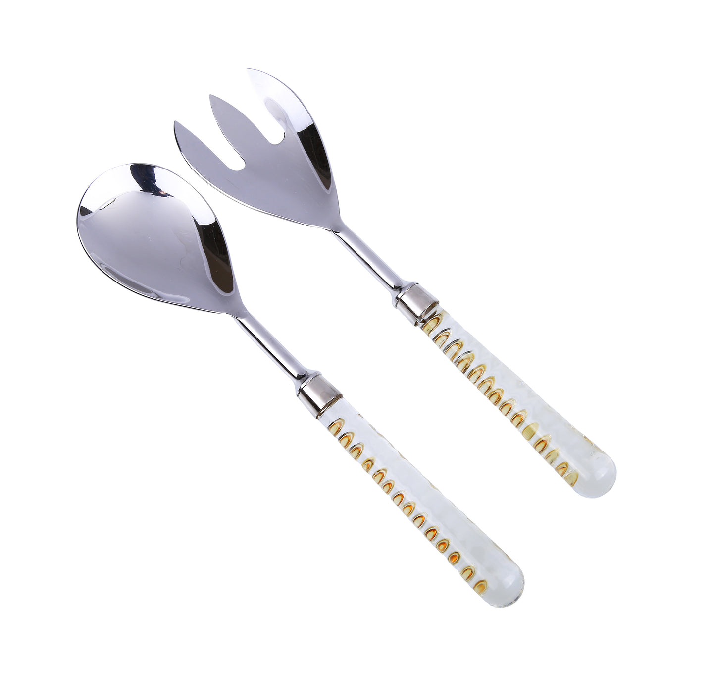 S/2 Stainless Steel Salad Servers With Glass Handle And Gold Inserted Design