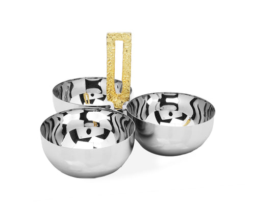 3 Bowl Relish Dish with Square Gold Loop Handle