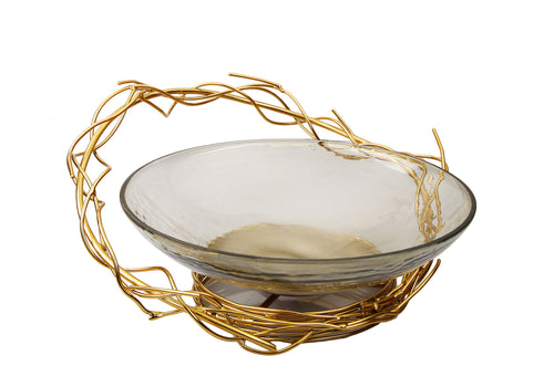 Smoked Glass Centerpiece Bowl with Gold Twig Design