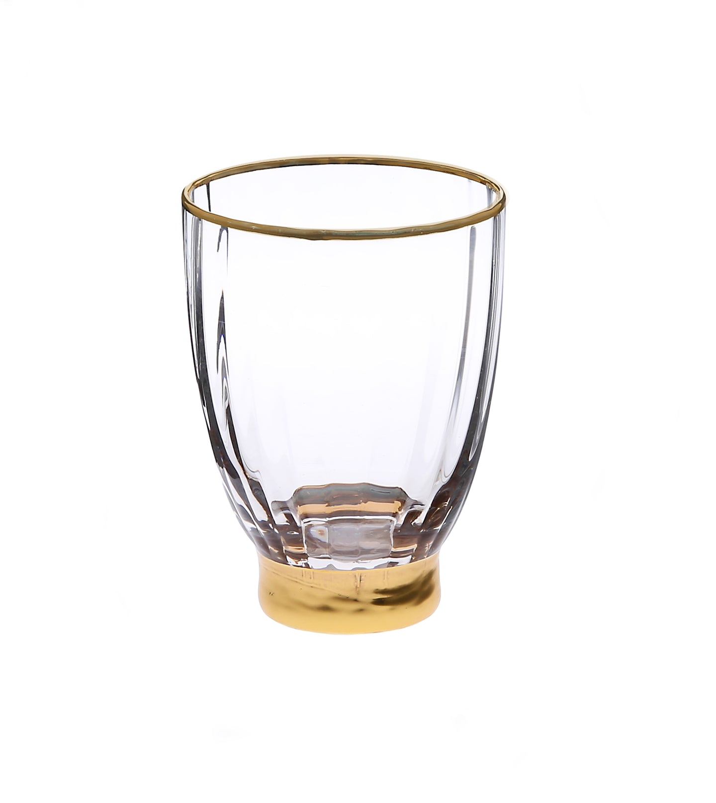 Set of 6 Line Textured Stemless Wine Glasses with Gold Base and Rim