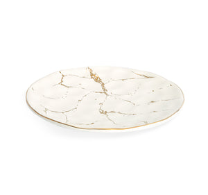 Set of 4 White Porcelain Dinner Plates with Gold Design - 10"D